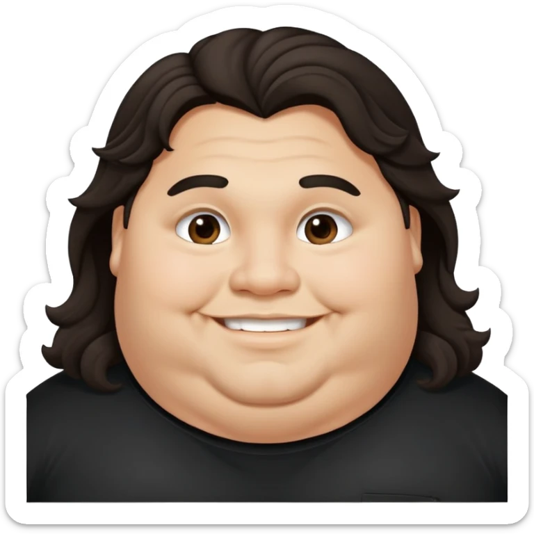 Joven obese, long hair, pelo largo, cuerpo grande, latino piel canela, cara redonda-ancha, scruff sin barba completa, cejas gruesas, pelo oscuro ondulado flat largo hasta el cuello. Sonrisa amplia, expresión alegre. Camisa negra. Size large.  sticker