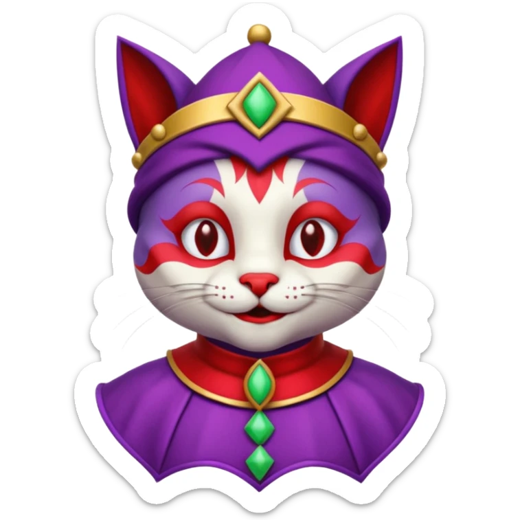 crazy colorful cute little cat jolly joker from poker, medieval, vintage, court jester, mac os icon, purple and red color, half body sticker