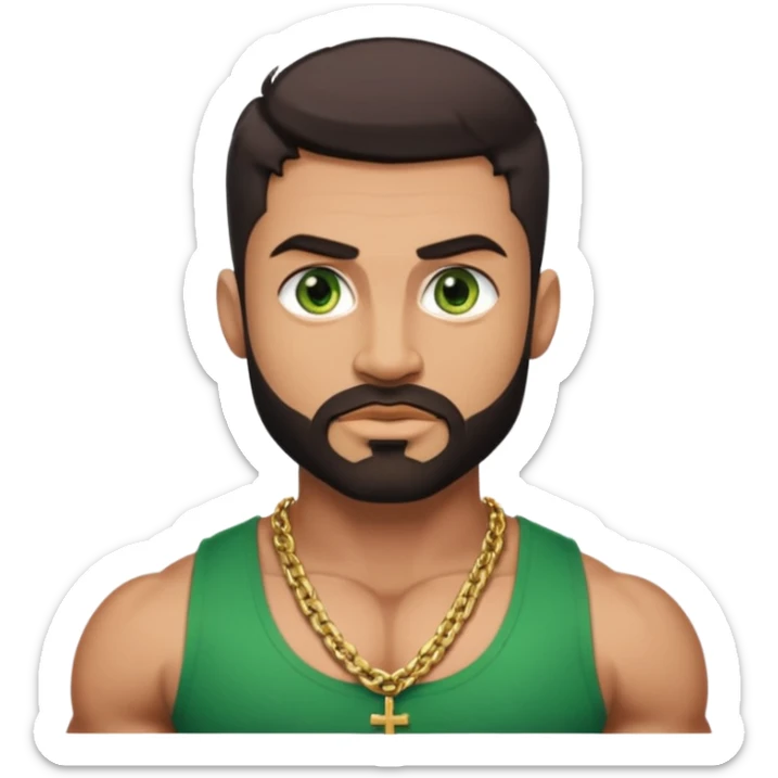 green eyes, dark short hair, muscular shoulders, wide cross, gold chain, big lips big nose big eyes, masculine good looking, dark beard, muscular strong looking sticker