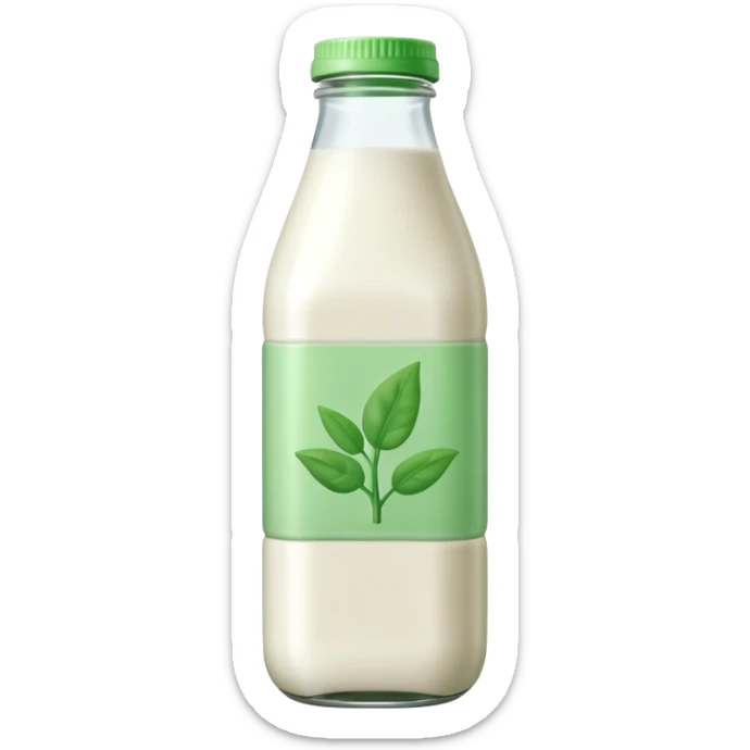 A 3D cartoon bottle of plant-based milk identical to dairy milk, small green tint or leaf mark, Memoji-style. sticker