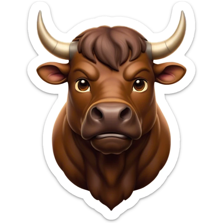 Cinematic Noble Brown Bull Portrait Emoji, Poised and regal, with a massive, muscular build and a sleek, well-groomed rich brown hide, deep-set soulful dark eyes, Simplified yet sharp and sophisticated features, highly detailed, glowing with a soft, dignified glow, high shine, intelligent and formidable, stylized with an air of strength, focused and attentive, soft glowing outline, capturing the essence of a watchful and confident guardian, so majestic it feels as though it could charge out of the screen with effortless authority! sticker