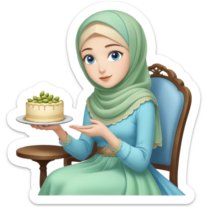 Turkish beautiful finish Konya girl blue eyes with pastel hijab long tail dress and sits on the chair and holds pistachios cake with her hand  sticker