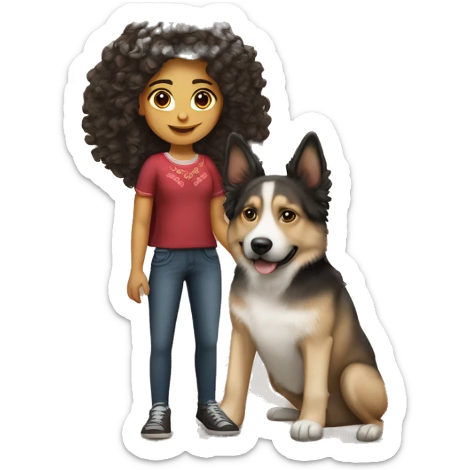 Mexican girl with curly hair and a dog who’s beside her a German Sheperd sticker