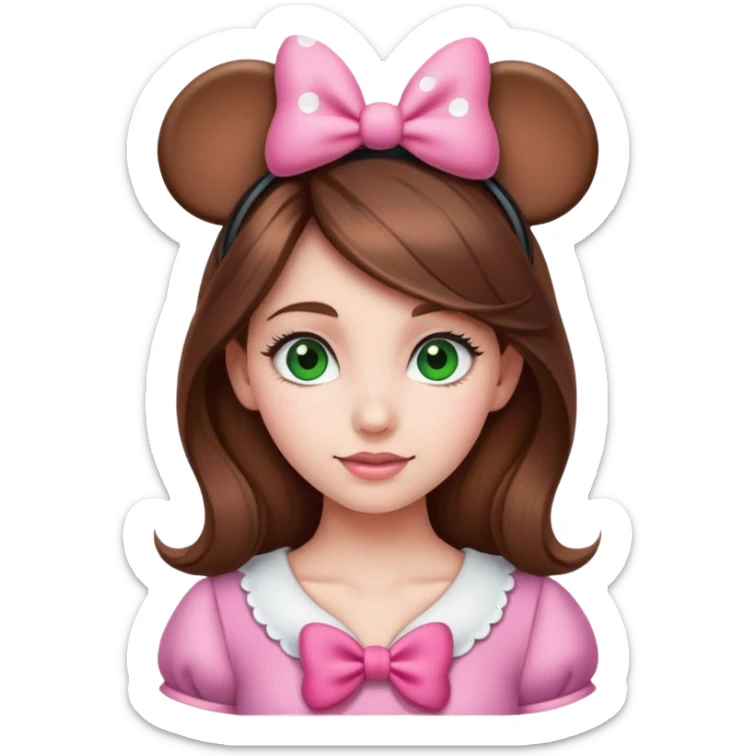 Brown hair girl with green eyes wearing Minnie Mouse ears with a pink bow sticker