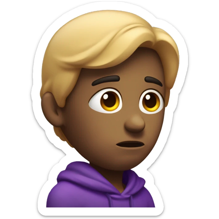 A sad 3D character with slouched shoulders, a downcast gaze, and a frown. Teardrops on the face, with a purple color theme emphasizing the melancholic mood, as if in a portrait photo sticker