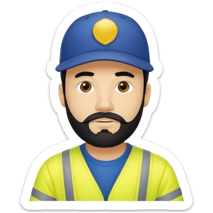 Man in yellow hi vis overalls, with black hair and full beard, wearing a dark blue baseball cap  sticker