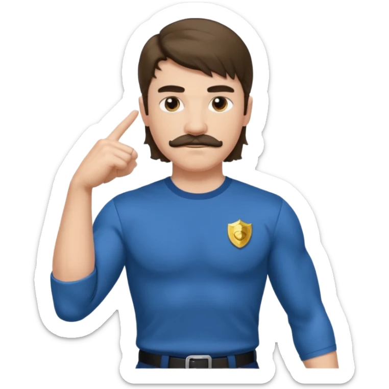 generate an ios genmoji of a 20 year old boy with shoulder length hair and a mullet. cop mustache. BIG biceps and wearing a full sleeve tshirt that fits his biceps sticker