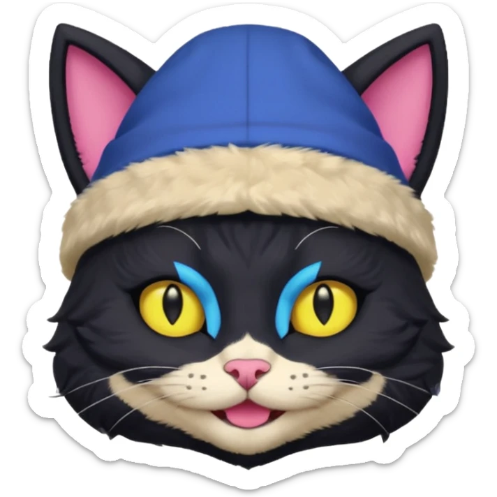 image friend from deltarune, a cat with a pink eye and a yellow eye, and black fur and pointy ears smiling sticker