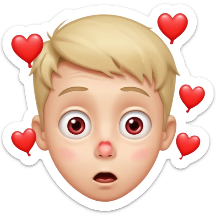 surprised cartoon boy with wide eyes, small trickle of red from the nose, comedic expression, blushing, hearts around the head sticker