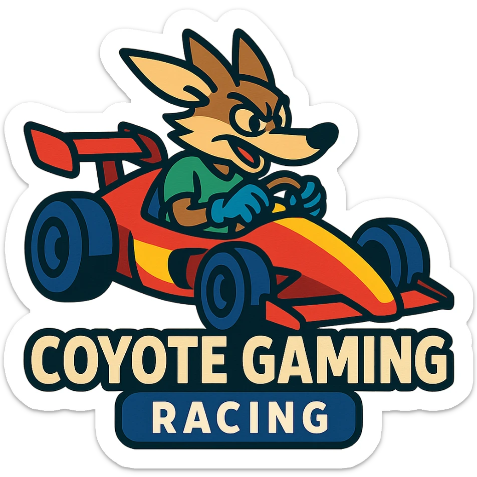 Coyote Gaming Racing logo in vibrant toon style, with a coyote character driving a race car sticker