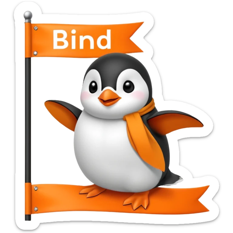 Colorful banner that says 'Bind is Life!!!', in bright orange, and on top of the banner a winking little white happy penguin sticker