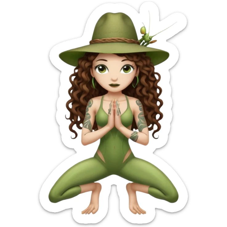 full body woman long curly brown hair brown eyes white skin tattoos muscular build praying mantis hat couture sticker
