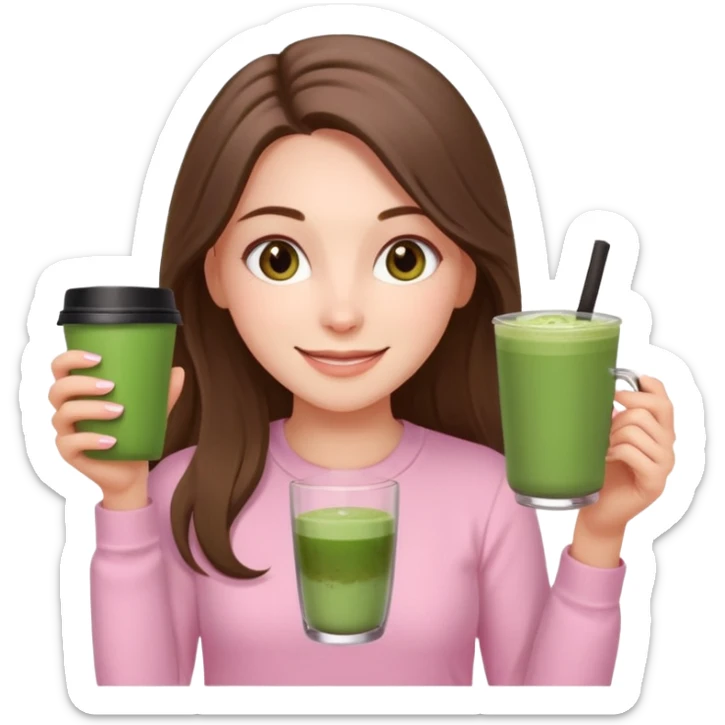 happy white long brunette hair girl with hazel eyes wearing light pink who is holding matcha sticker