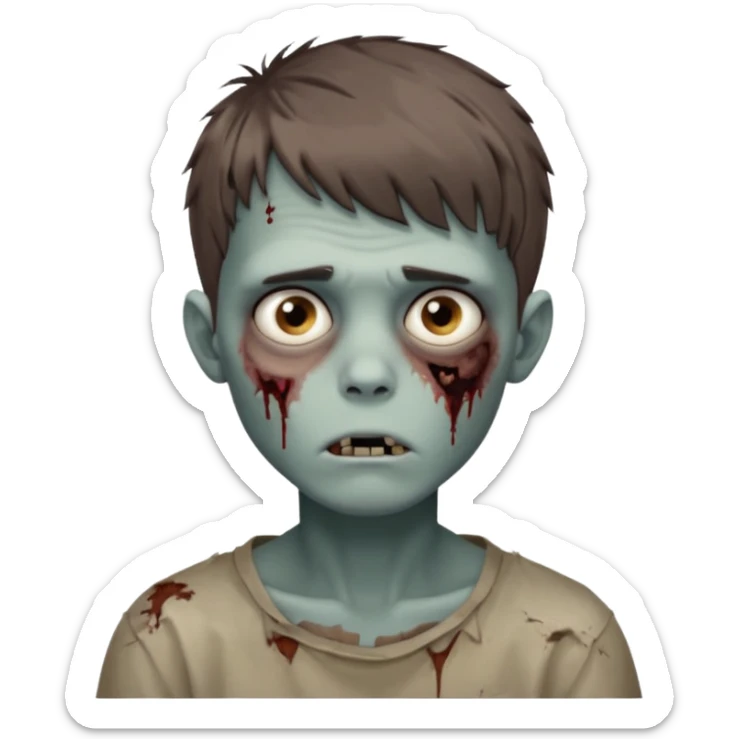 zombie boy youthful face, messy brown short hair in fringe haircut, closed mouth, without wrinkles sticker