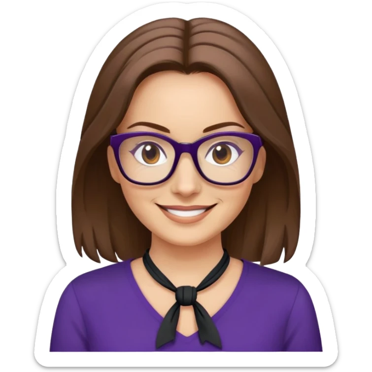 nữ 40 tuổi, da trắng, tóc được buộc gọn gàng màu nâu, mặt cười tươi vui vẻ, đeo kính màu đen, áo tím đậm sticker