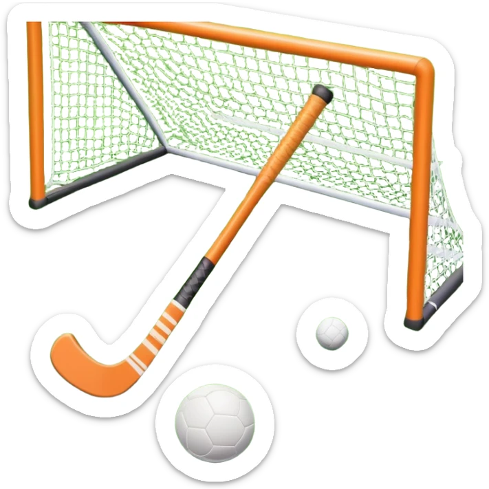 field hockey stick and ball on vibrant green grass field with goalposts sticker