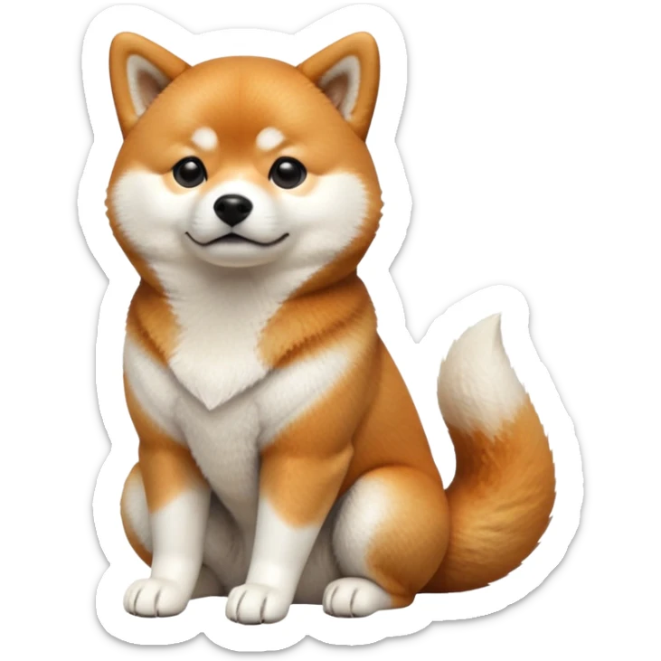 cinematic-[shiba inu]-realistic-full-body-sitting-emoji,-tail-resting-loosely-beside-its-paws,-head-tilted-dramatically, -fluffy-[orange white]-fur,-simplified-yet-realistic-focused-features,-highly-detailed,-glowing-with-an-almost-sarcastic-glow sticker