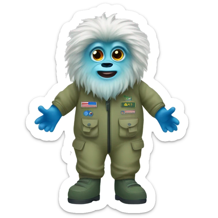 A yeti with big eyes wearing a khaki green flight suit with blue hands and feet sticker