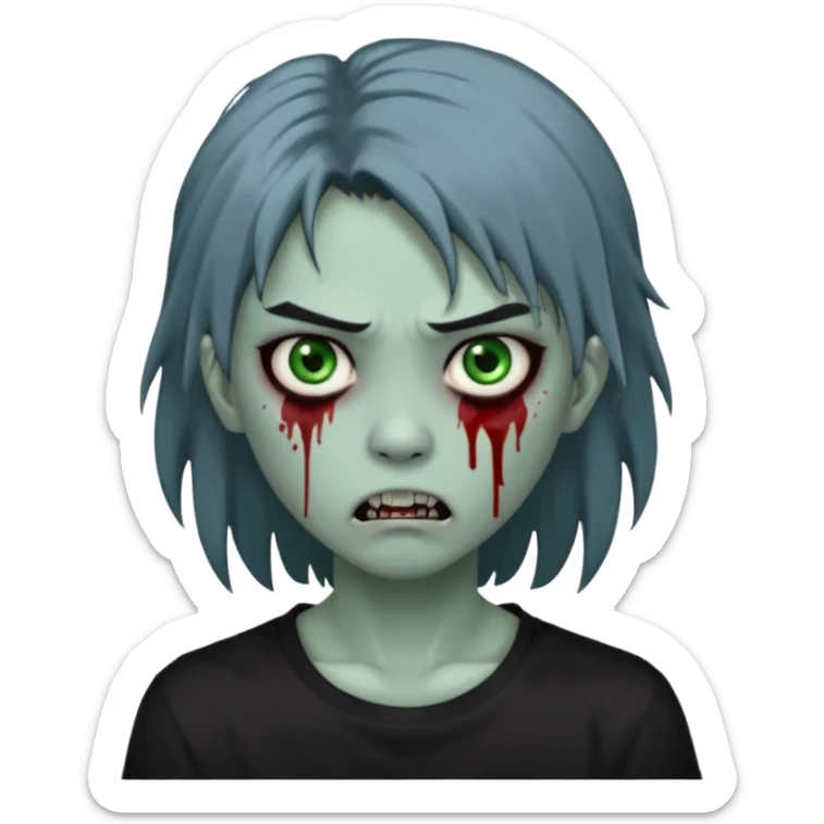 3D emoji-style avatar with very pale blue-grey zombie skin, dark brown hair, a young Asian face, and large green eyes with blood tears. Give it white litle bit messy mullet hair style , silver hoop earrings, and a plain black T-shirt. The face expression should be slightly angry, with vampire fang sticker