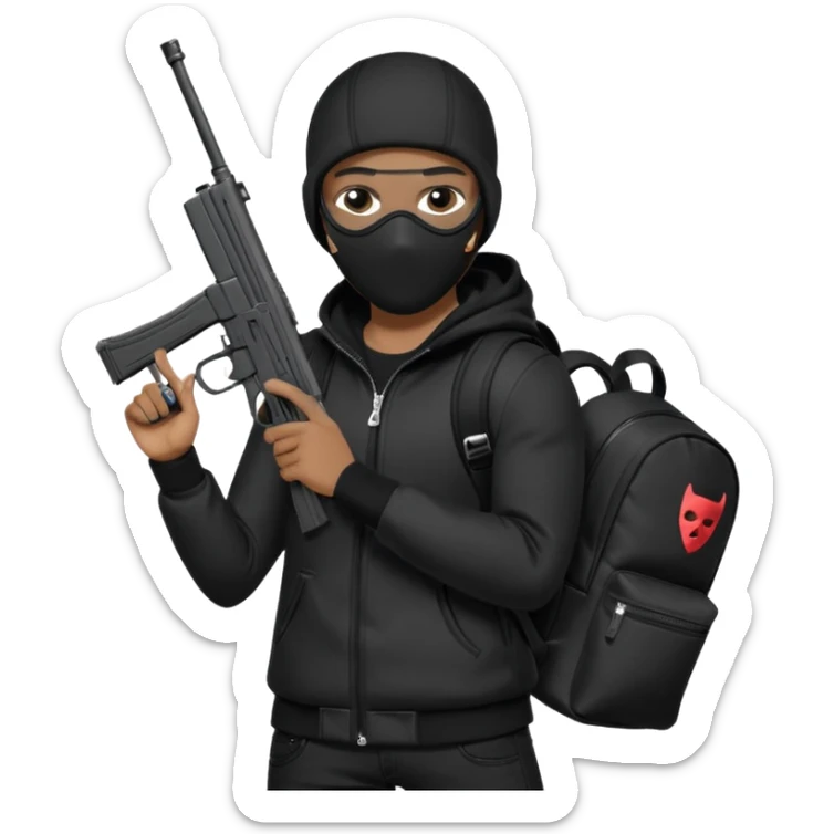 YN wearing a ski mask, holding a gun, all black fit, black jeans, Sprayground bookbag, confident stance sticker