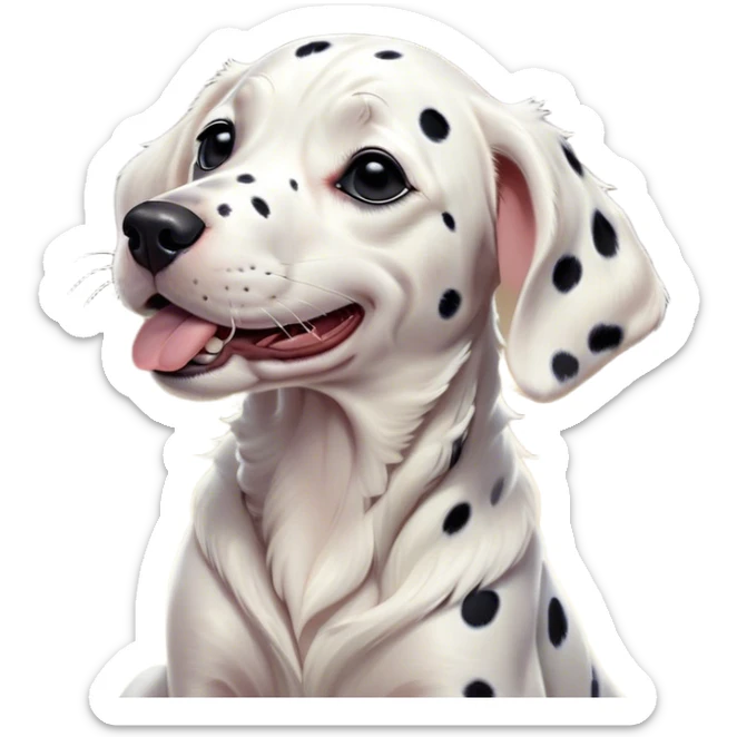 Cinematic Cute Yawning Dalmatian Portrait Emoji, Head tilted slightly with a dramatic, wide-open yawn, revealing a pristine white coat with bold black spots, floppy ears slightly drooping, round dark eyes barely open in drowsy contentment, Simplified yet irresistibly adorable features, highly detailed, glowing with a soft, cozy glow, high shine, relaxed yet expressive, stylized with a touch of whimsy, bright and endearing, soft glowing outline, capturing the essence of a sleepy yet affectionate companion, so drowsy it feels like it could stretch right out of the screen and curl up for a nap! sticker