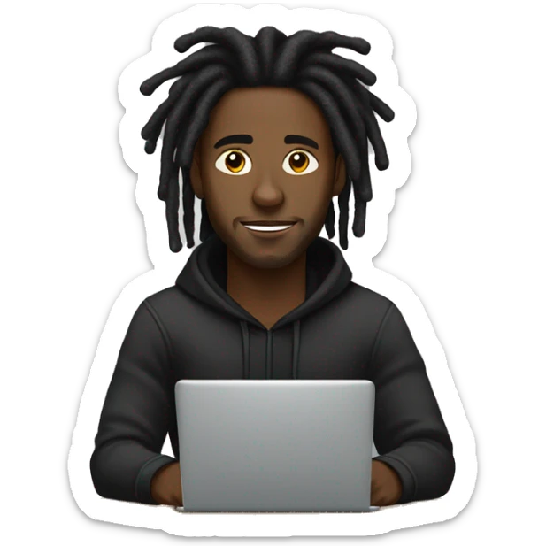 Black-guy-with-dreads-wearing-black-trackstuit-sitting-down-on-chair facing-foward-focused-on-laptop-computer- sticker