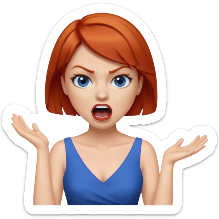 mujer pelirroja con los ojos y los labios maquillados enojada gritando con vestido azul pelo corto sticker