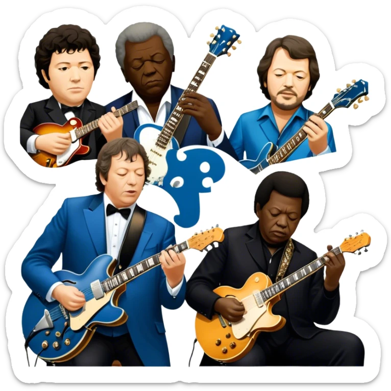 Icon for Blues Music: close-up collage of legendary blues artists. Gary Moore, Eric Clapton, B.B. King and Joe Cocker. Represented by silhouettes or symbolic items like guitars, microphones, or music notes, reflecting the soulful energy of blues music. Transparent background. sticker