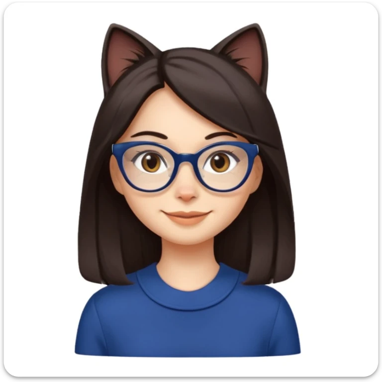 Female. Straight long hair and dark brown eyes and hair with cat eye glasses and dark blue out fit sticker