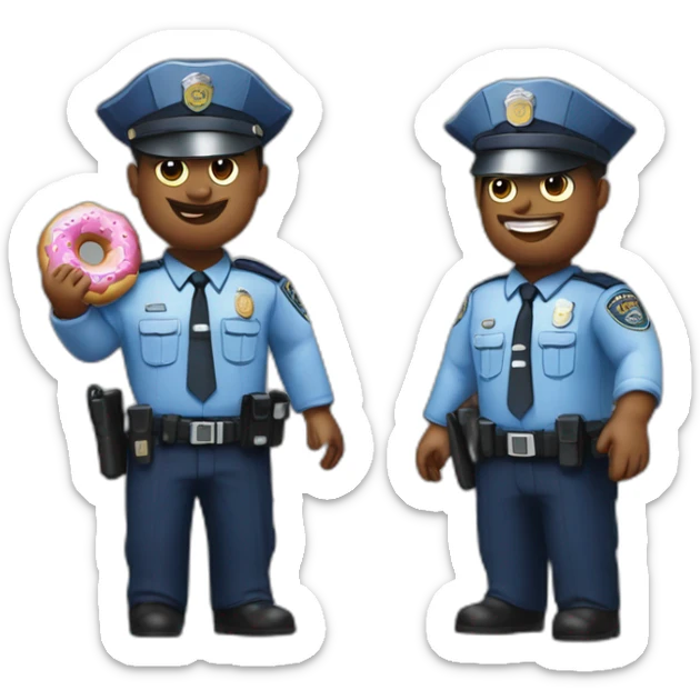 Photorealistic Kitted out police officers with donut and service sidearm and pig face sticker