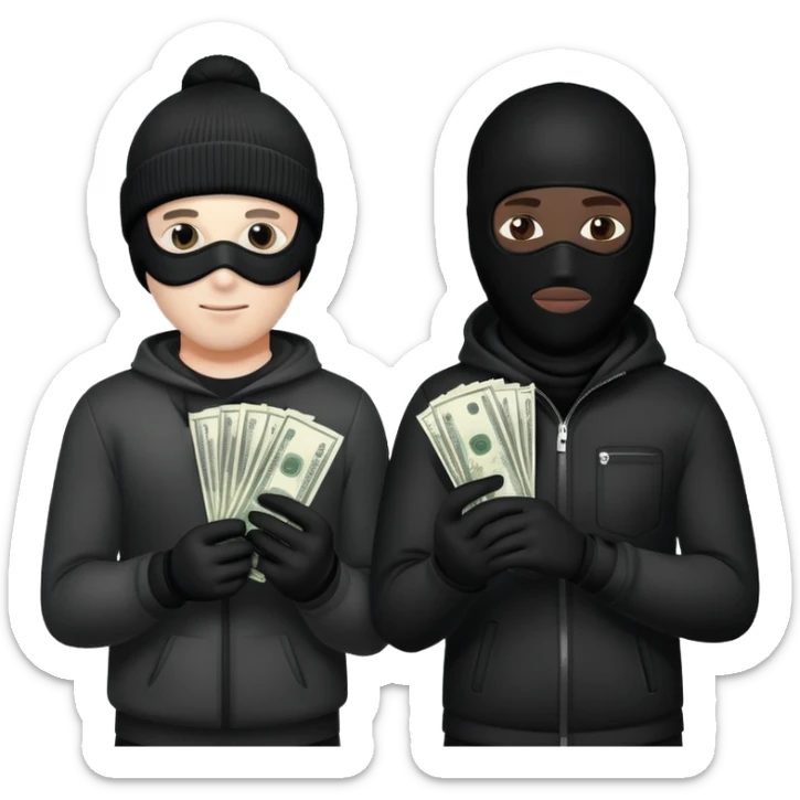 Two men one with white skin color and the other black skin color and both wearing black Ski masks holding money bag sticker