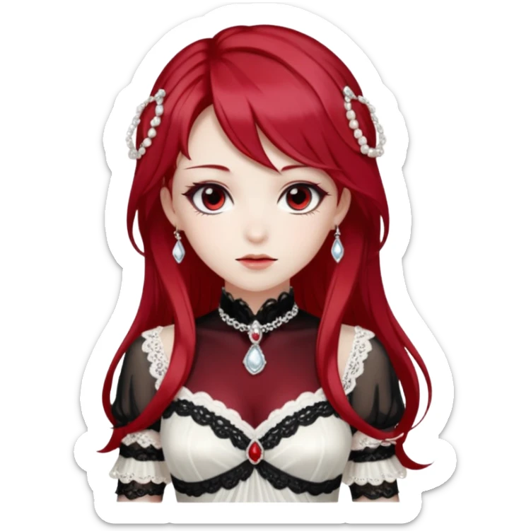 Beautiful shiny ethereal Gorgeous Anime Lady with dark hair and red hair streaks with a beautiful white silky lace dress and rubies and onyx gems  sticker
