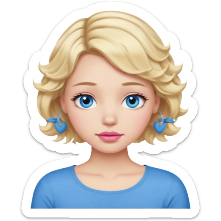 Girl Blonde short wavy hair,  blue eyes, cute blue top, long lashes, pink lips, sleeping sticker