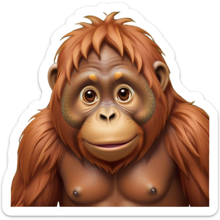 Cinematic Cute Orangutan Portrait Emoji, Head tilted playfully and inquisitively, with a gentle, expressive face accented by soft, flowing fur and round, sparkling eyes brimming with warmth, Simplified yet irresistibly adorable features, highly detailed, glowing with a warm, friendly glow, high shine, affectionate and lively, stylized with a touch of jungle whimsy, bright and endearing, soft glowing outline, capturing the essence of a mischievous yet loving orangutan that seems as if it could swing out of the screen into your arms! sticker