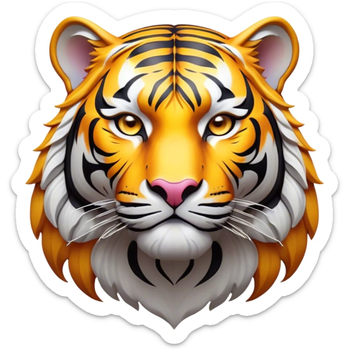 Cinematic Noble Tiger Portrait Emoji, Poised and regal, with a powerful, muscular build draped in striking, vivid stripes and intense, focused eyes, Simplified yet sharp and sophisticated features, highly detailed, glowing with a soft, wild luminescence, high shine, intelligent and majestic, stylized with an air of untamed authority, focused and commanding, soft glowing outline, capturing the essence of a watchful and confident jungle guardian that appears ready to pounce out of the screen with effortless authority! sticker