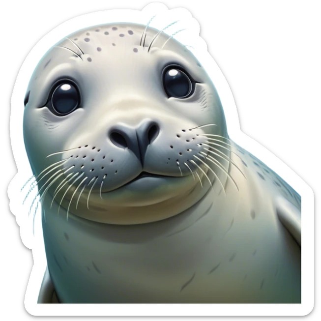 Cinematic Cute harbour seal Portrait Emoji, Head tilted playfully and inquisitively, featuring a charming, plump form with a sleek, shiny body and round, sparkling eyes full of gentle wonder, accented by a subtly contoured head, Simplified yet irresistibly adorable features, highly detailed, glowing with a warm, friendly oceanic glow, high shine, affectionate and lively, stylized with a touch of whimsical seaside charm, soft glowing outline, capturing the essence of a mischievous yet loving harbour seal that seems as if it could pop out of the screen into your arms! sticker