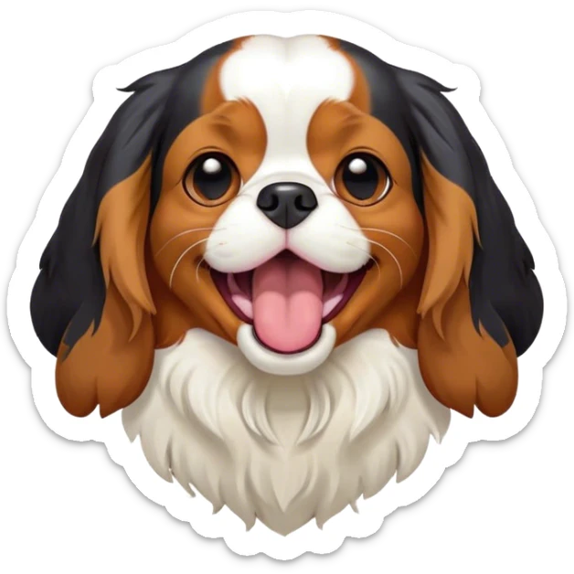 Cinematic Cute Yawning Tri-Colour Cavalier King Charles Spaniel Portrait Emoji, Head tilted slightly with a dramatic, wide-open yawn, soft tri-colour fur with balanced black, white, and tan markings, floppy ears slightly drooping, round brown eyes barely open in drowsy contentment, Simplified yet irresistibly adorable features, highly detailed, glowing with a soft, cozy glow, high shine, relaxed yet expressive, stylized with a touch of whimsy, bright and endearing, soft glowing outline, capturing the essence of a sleepy yet affectionate companion, so drowsy it feels like it could stretch right out of the screen and curl up for a nap! sticker