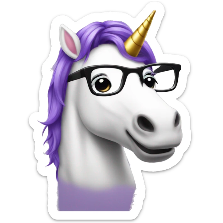 purple hair unicorn with black glasses and a light bulb sticker