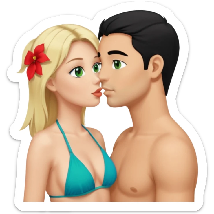 Blonde Queen with crown Green eyes blue Bikini whole body Kissing man black Hair  sticker