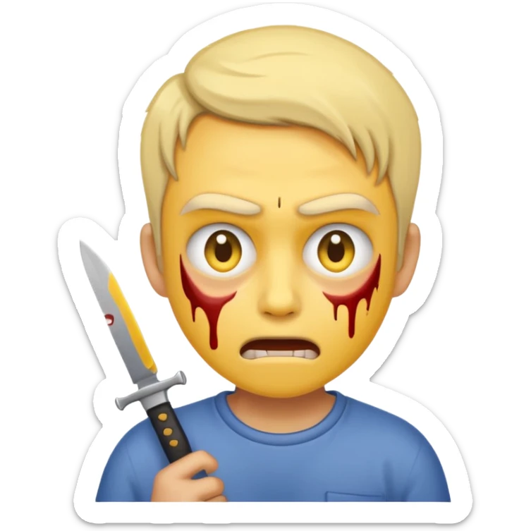Insane scared injured yellow emoji person with a knife in the classic emoji style  sticker