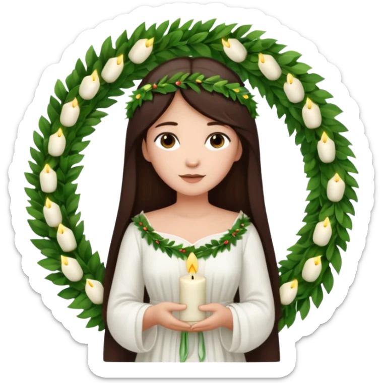  saint lucia with dark brown hair with a white gown and a wreath made from greenery and candles on top of it sticker