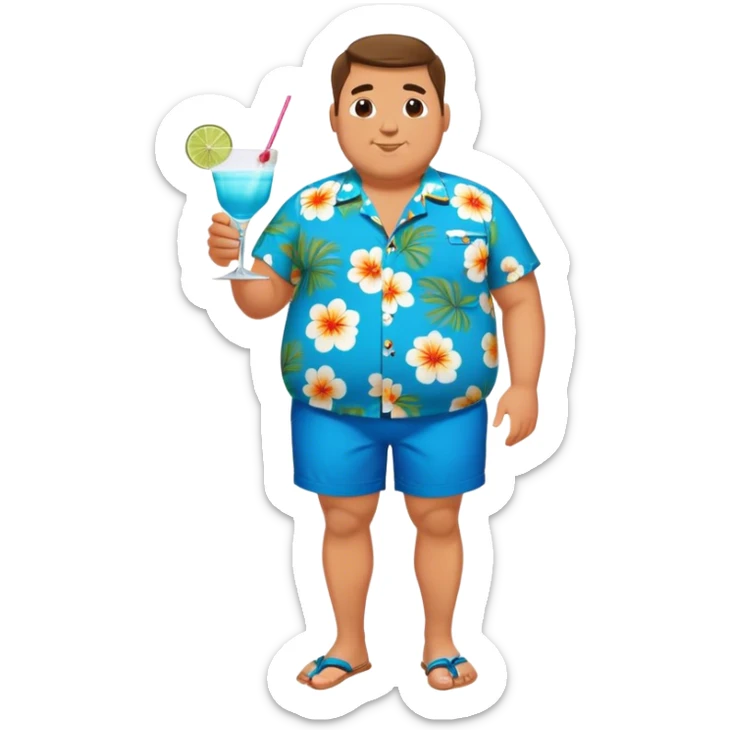 chubby guy full figure in a flowered azure havai shirt, brown shorts and flippers holding a cocktail sticker