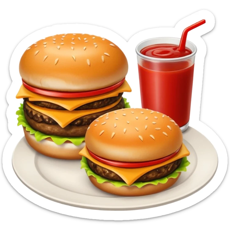 i want a Cheeseburger and Fries with a angle to 15–20° gentle bird’s-eye angle with 2 sauce round plate one is white and other is red with some fries thicker like mcdonald's sticker
