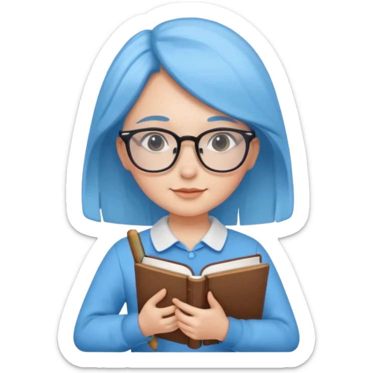 cute girl, glass, smart, Sky-blue colored clothing,
holding a book in one arm and a pen in the other hand.Holding a pen in the right hand as if teaching.Wearing glasses, with a smart and bright-looking face. sticker