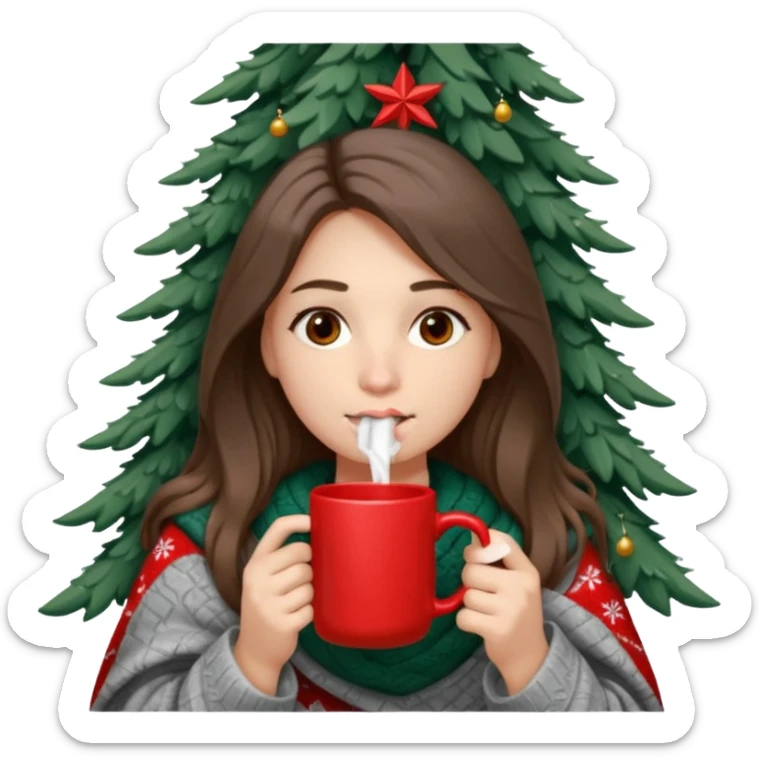 Brown eyes, fair skin, hooked nose, full lips, long hair down to her shoulders, wrapped in a gray blanket, drinking from a red mug with a Christmas tree sticker