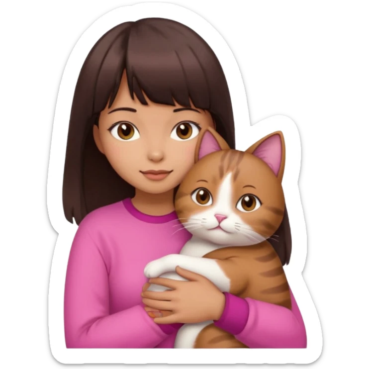beautiful woman with dark brown straight hair and bangs, brown eyes wear a pink clothes and hugs a cute chubby cat sticker