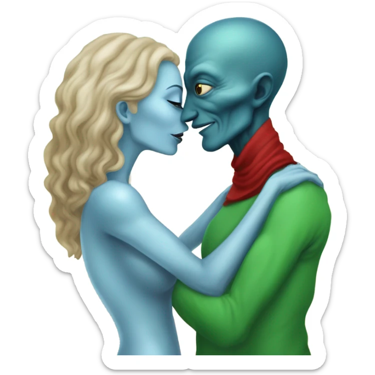 Beatiful tall blue skin woman extraterrestial reptilian 47 years old in red dress, kissing white man in green dress, real photo, real photo realism, full figure, full body sticker