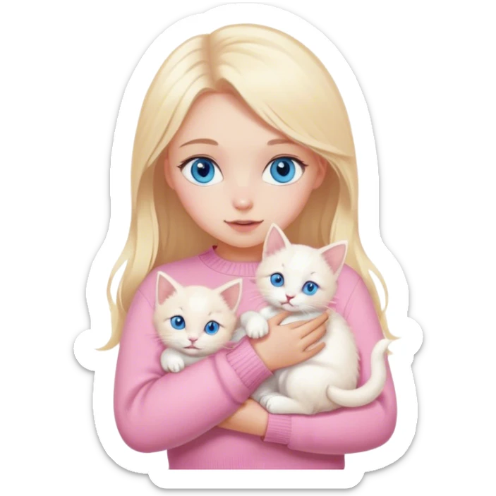 A girl with blue eyes and blonde hair in a pink sweater holds a white kitten in her arms sticker