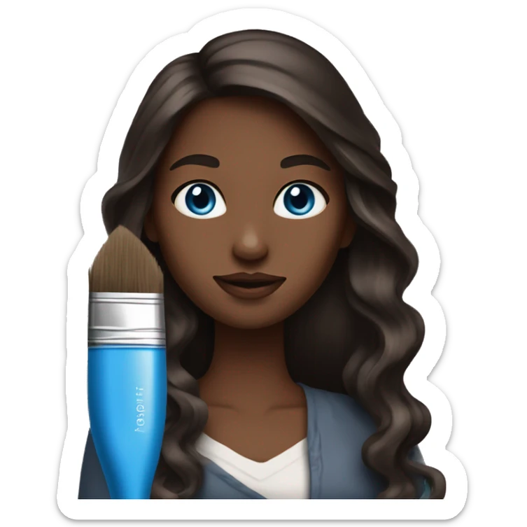 woman with blue eyes and long dark brown wavy straight hair holding a paint brush sticker