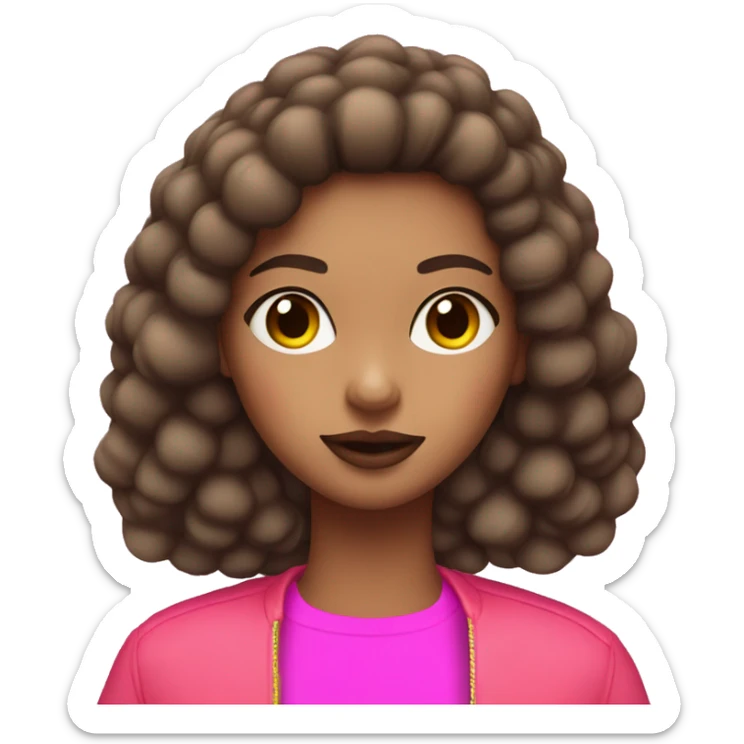 Girl with Brown hair and skin with longo pompom in hair with Pink shirt and neon jacket and Lipstick  sticker